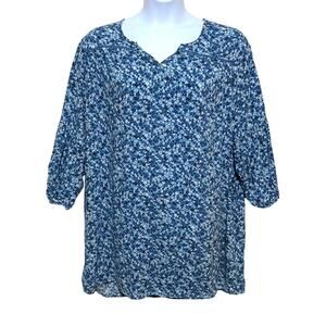 Sonoma Blue Ditsy Floral Top Blouse Plus 2X Peasant Cottage Flowy Boho Rayon